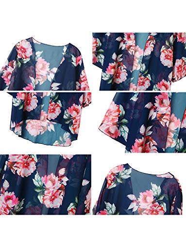 Women's Kimono Cardigan Floral Print Chiffon Beach Open Cover ups Casual Loose Tops Shawls (Deep Blue,M)