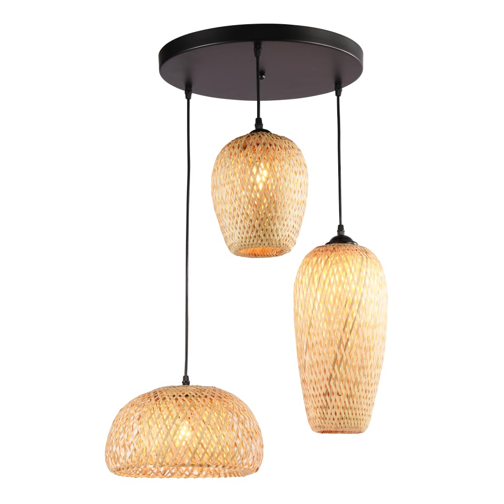 BARCELONA LED Lámpara Colgante Triple de Mimbre y Bambú Natural Base Metálica Negra, Estilo Nórdico y Japonés, 3xE27, Iluminación Cálida para Salón, Comedor o Restaurante