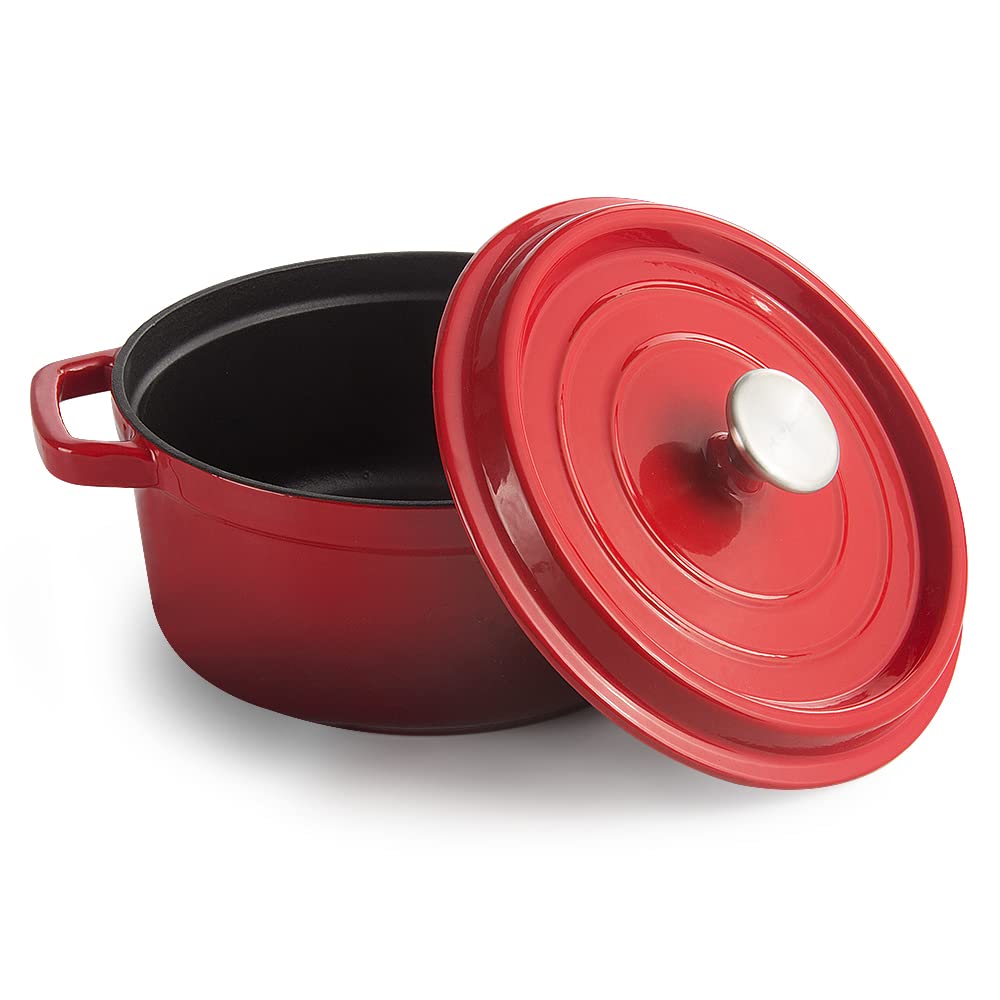 Casseruola in ghisa smaltata, rotonda, 24 cm, pentola in ghisa smaltata, 4,7 l, con coperchio, compatibile con tutte le fonti di calore (rosso)