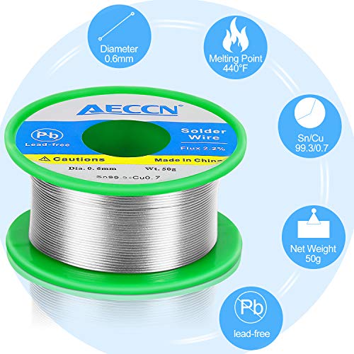 5 In1 Lead Free Solder and Solder Flux Kit | 50g Lead-Free Solder Paste | 0.6mm Solder Wire with Rosin Core | 5 Pcs Replacement Soldering Iron Tips | Solder Supplies for Electronics Metalwork Weld