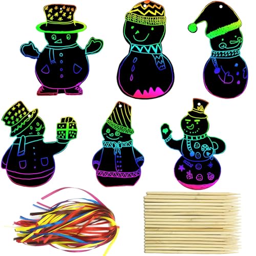 PARSUP 144Pcs Christmas Snowman Scratch Paper Rainbow Color Scratch Ornaments ...