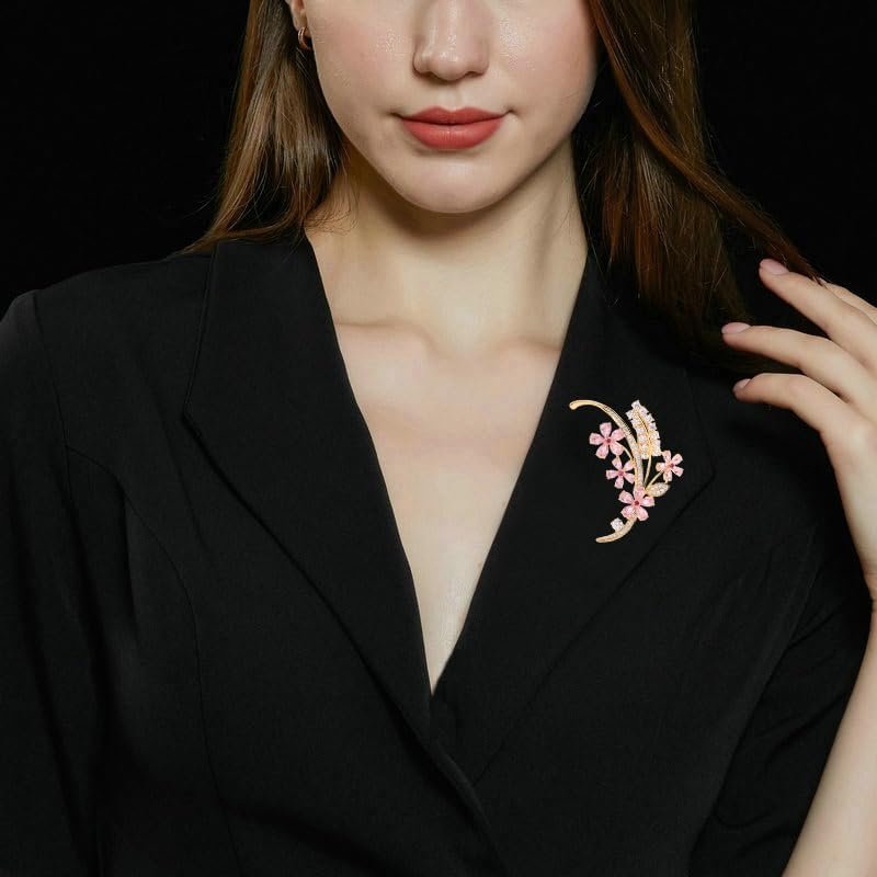 Image of 14K Gold Wheat Sheaf Brooch Embellished with Lustrous Colored Gemstone Flowers, Moissanite Accents Elevate its Elegance, Unique Botanical Jewelry Gift for Women