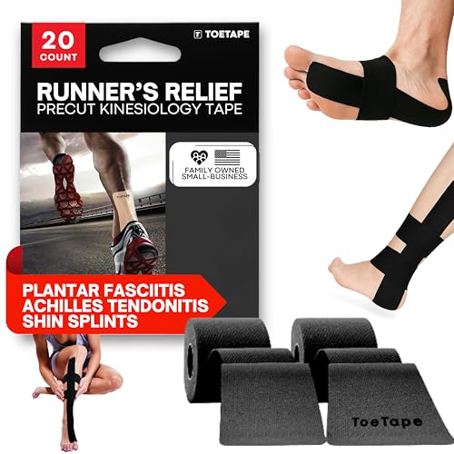 TOETAPE - Runner's Relief Precut Kinesiology Tape | 20 Applications | Black Color | Plantar Fasciitis, Shin Splints & Achilles Tendonitis Support | Sweatproof, Latex-Free, Athletic Arch & Heel Tape