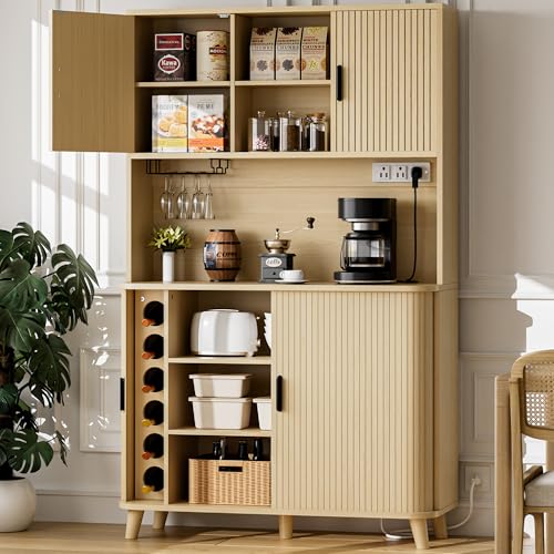Image of Lulive 71 inch Tall Pantry Cabinet with Rolling & Sliding Doors, 39 inch Wide Kitchen Storage Cabinet with Charging Station and Open Countertop, Modern Kitchen Pantry Cabinet for Dining Room, Natrual