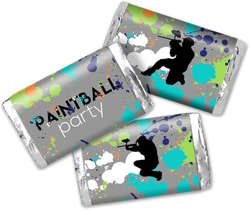 AmandaCreation - Mini calcomanías de barra de caramelo de chocolate con temática de paintball con salpicaduras para niños, 45 etiquetas envolventes