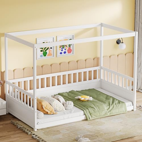 MATONELL White Premium Pine Wood Twin Size Canopy Bed Frame with 21.45 - Inch High Guardrails & Four - Poster Design - Ideal Montessori Floor Bed for Boys and Girls