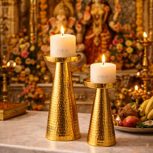Image of ππππ πππππππππππππ Hammered Pillar Candle Holder Stand, Brass Gold Finish, Handcrafted by Artisans, Modern Home Decor for Living Room, Anniversary, Wedding, Diwali & Christmas Gift
