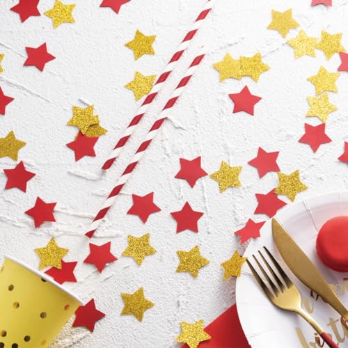 Image of MOWO Gold and Red Star Confetti Table Decoration, 1.2'', 200pc | Birthday Graduation New Year's Retirement Bachelor Theme Party, valentine's day