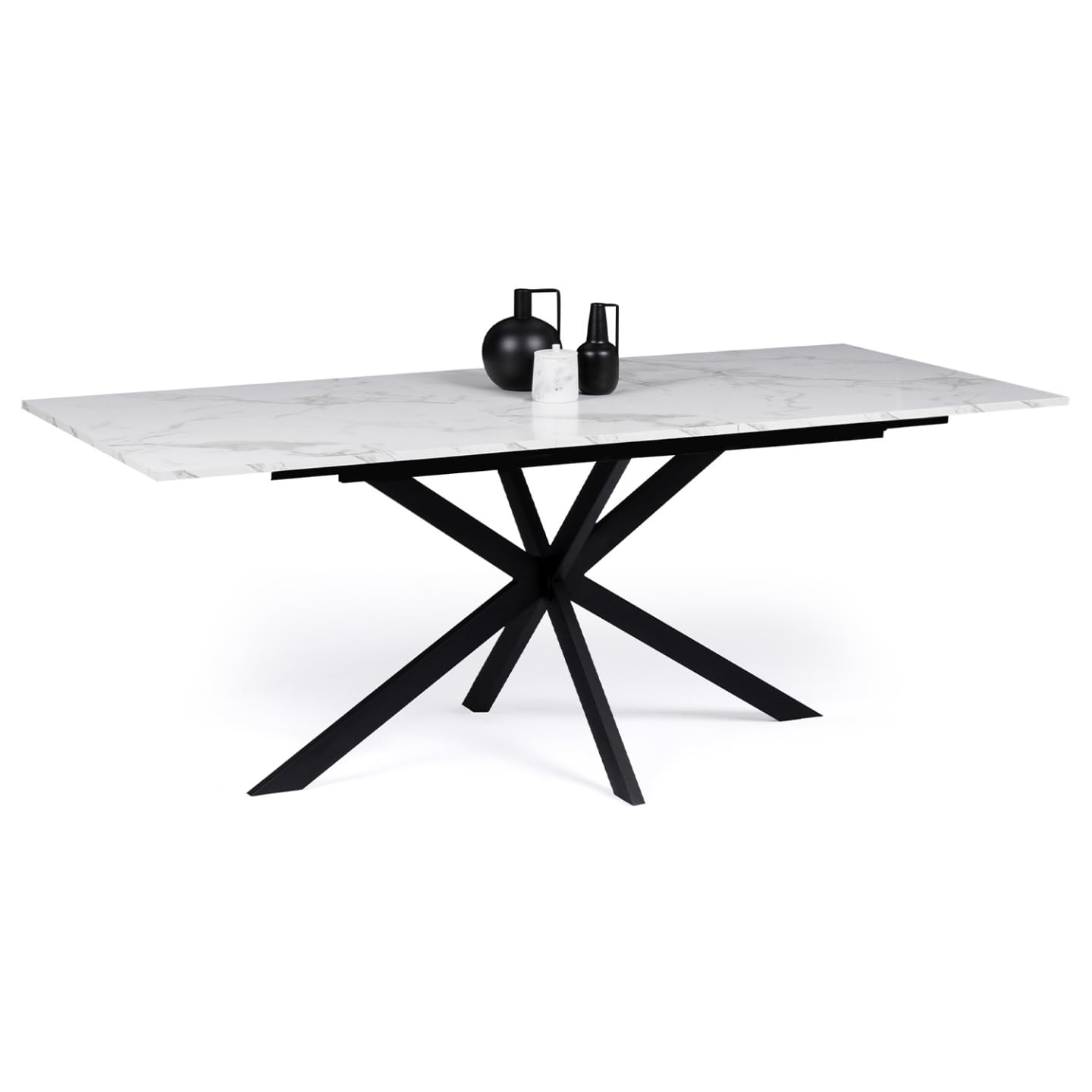 IDMarket – Mesa de comedor extensible rectangular Alix 6-10 personas, pie araña negro, bandeja efecto mármol blanco Alaska 160-200 cm