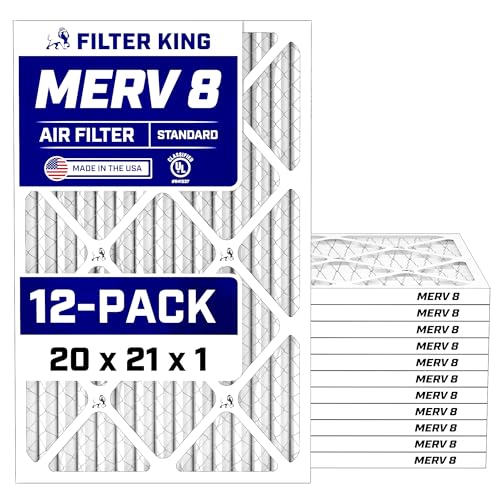 Filter King 20x21x1 Air Filter (MERV 8) (12-Pack) Dust & Allergy Control AC Furnace Filters MADE IN USA HVAC Pleated Electrostatic (Actual Size: 20 x 21 x .75)