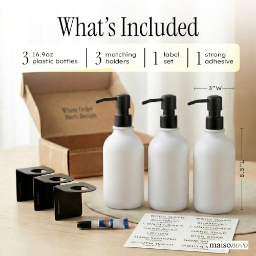 Image of Shampoo and Conditioner Dispenser Wall Mounted Set of 3 White Black - No Drill Shower Soap Dispenser for Bathroom Refillable - Spa Hotel Style Accessories by MaisoNovo