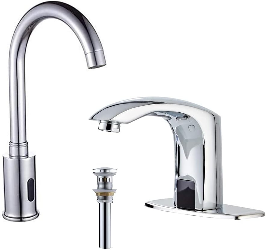 Automatic Sensor Touchless Kitchen Bathroom Sink Faucet with Cover Plate Chrome Vanity Faucets, Hands Free Bathroom Water Tap with Control Box and Temperature Mixer with Overflow Pop Up Drain