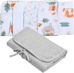 Kit Trocador Portátil Estrelinhas 66cm x 40cm + Paninho de Boca Bosque 32cm x 32cm (4 Unidades) – Conforto, Praticidade e Funcionalidade para o Dia a Dia do Bebê