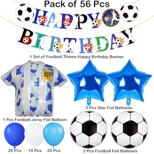 Image of Rozi Decoration Football Theme Birthday Decoration Kit for Boys - 56 Pcs Blue & White Football Balloons Decoration with Happy Birthday Banner, Jersey & Star Foil Balloons for Kids Bday Party