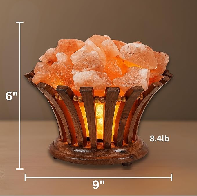 Himalayan Pink Salt Lamp with Wood Base, 6" Height x 9" Diameter, 8.4 lb, Night Light