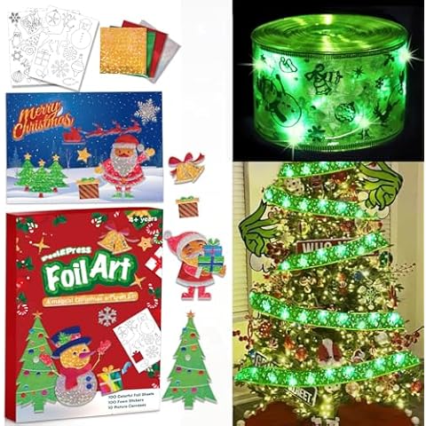 Vloso Christmas Tree Ribbon Lights for Christmas Tree Decorations,Christmas Fun Foil Art Kit for Kids Christmas Gifts Crafts(Green Light) Cover