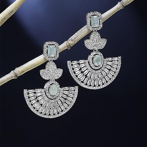 Leaf Shaped Drop Earrings with American Diamond in Rhodium Plating