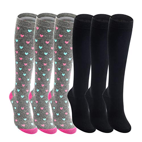 6 Pairs Compression Socks 15-20mmHg, Knee High Compression Stockings Women Men (Stripes/Stripes/Rhombus/Stripes/Heart/Stripes, S-M)