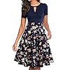 YATHON Vintage Party Dresses for Women Elegant Flower Print Pockets Short Sleeve Knee-Length Casual Swing Dresses for Junior Wedding Party (L, YT018-Navy Floral 01)