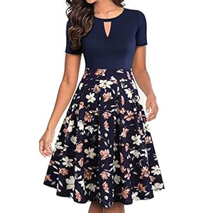 YATHON-Womens-Vintage-Floral-Flared-A-Line-Swing-Casual-Party-Dresses-with-Pockets YATHON Vintage Party Dresses for Women Elegant Flower Print Pockets Short Sleeve Knee-Length Casual Swing Dresses for Junior Wedding Party (L, YT018-Navy Floral 01)