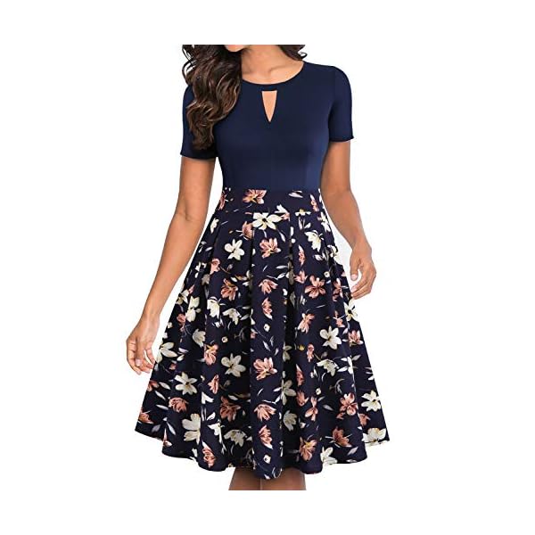 YATHON Vintage Party Dresses for Women Elegant Flower Print Pockets Short Sleeve Knee-Length Casual Swing Dresses for Junior Wedding Party (L, YT018-Navy Floral 01)