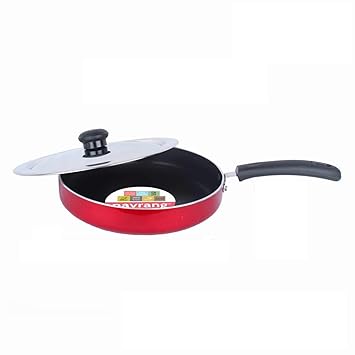 Navrang Non Stick Aluminium Straight Fry Pan with Ss Lid,230mm,Red