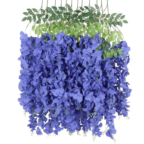 INSUNSIX 12Pack Royal Blue Wisteria Hanging Flowers Artificial Flowers Garland 3.6ft Fake Wisteria Silk Flowers Vines Faux Hanging Flowers String for Garden Home Wall Wedding Party Decor (Royal Blue)