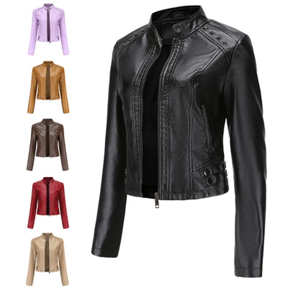 Giacca corta da donna in pelle PU manica lunga top donna sottile stand collare moda giacca. marrone-L