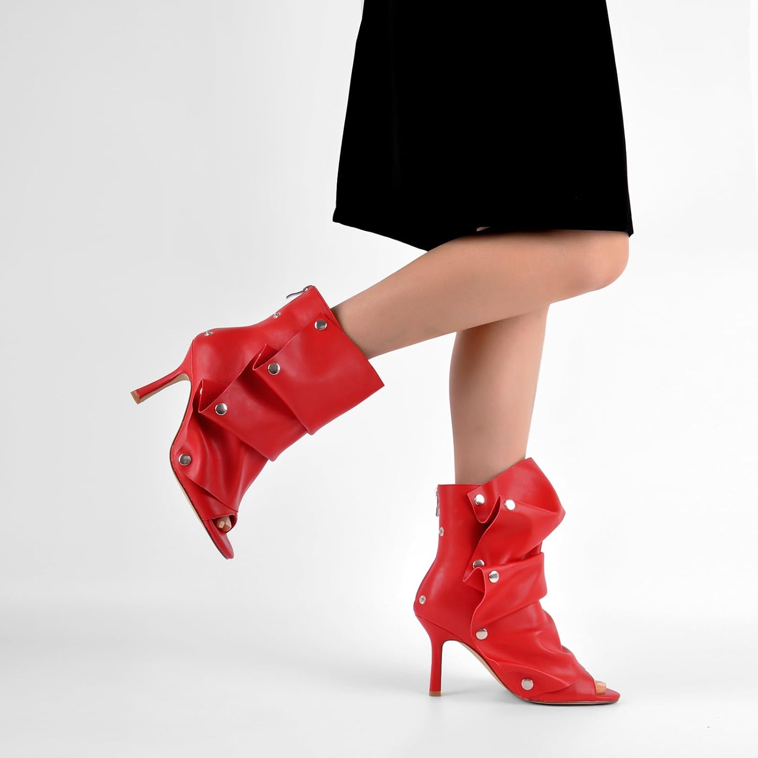 sexytag Women's Peep Toe Booties Slouchy Stiletto Kitten Heel Shark Boots Open Toe Back Zipper Fashion Ankle Short Boot - Image 5