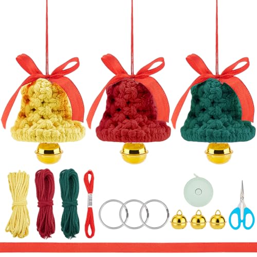 ACRNIGHEET 3PCS Macrame Kit for Adults Beginners, DIY Christmas Bells Ornaments, Yellow/Red/Green Bell Hangings for Xmas Tree, Include Instruction and Video