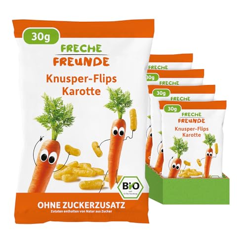 FRECHE FREUNDE Bio Knusper-Flips Karotte, Snack mit Mais, ohne Zuckerzusatz, Knabberzeug für Kinder und Babys ab 1 Jahr, vegan, 9er Pack (9 x 30g)