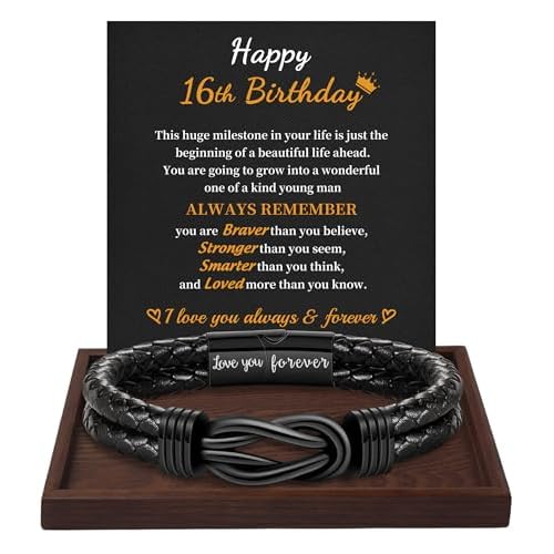 Birthday Gifts for Men Teen Boys Gift Leather Bracelet Happy Birthday I Love You Forever Engraved Linked Together 21st 30th 40th 50th 60th Birthday Valentines Jewelry 16th--Black 9.0 Inches