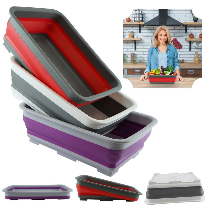 Lot de 3 bols à vaisselle pliables en plastique de 10 L pour cuisine, camping, voyage, extérieur, voiture, lavabos | Assortis