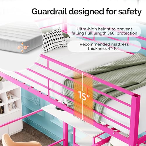 Image of VINGLI Twin Over Twin Bunk Bed with Desk, 15'' Extra High Guardrail Loft Bed with LED Lights,2 Charging Station,and 2 Storage Drawers,2 Deckers Bed,Metal Space Saving Platform Bed with Vanity,Pink