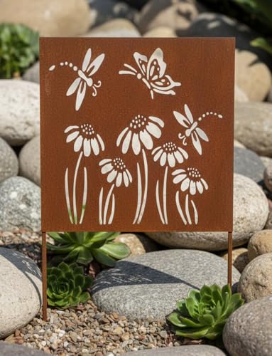 LB H&F Rostsäule Roststele Rostschild Blumen 40cm Groß Rost Rostdeko Schmetterling Gartendeko zum hinstellen/draußen Wetterfest (Blumen)