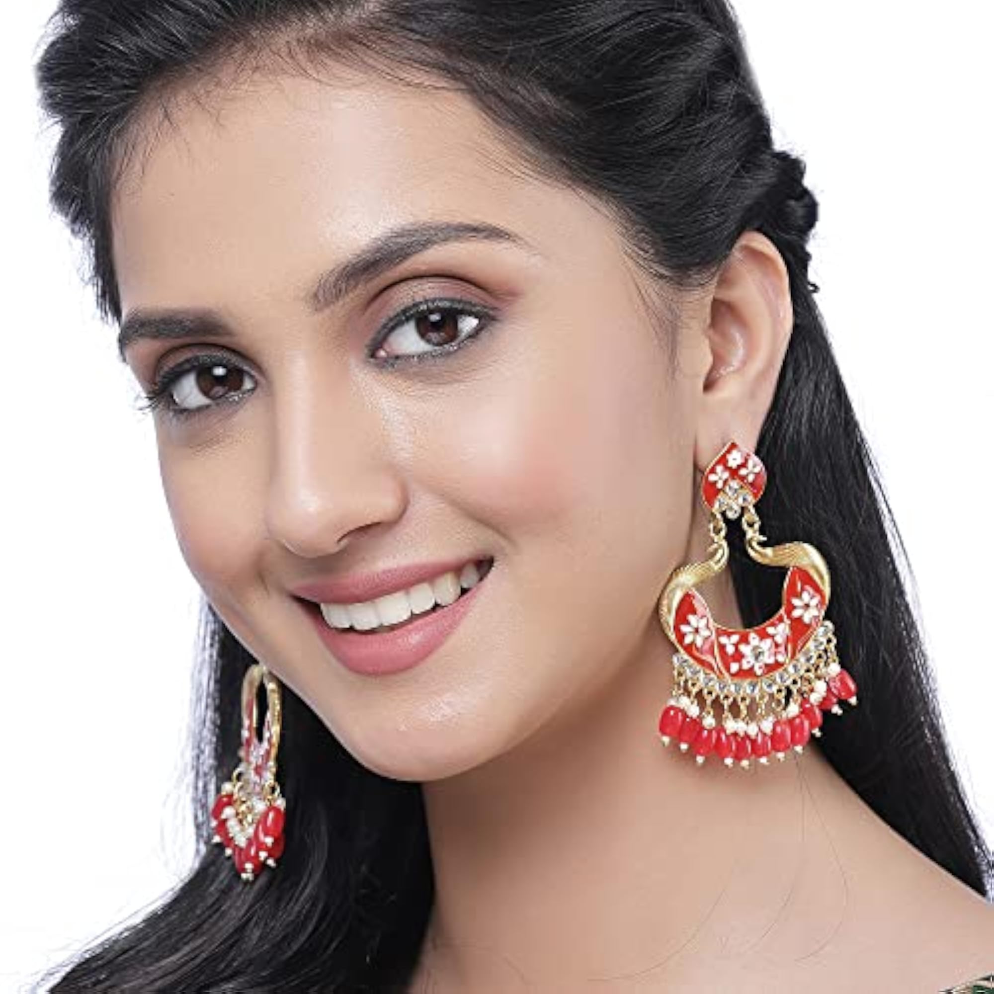 Gold-Plated Peacock Earrings with Kundan & Pearls