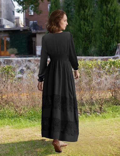 Image of Olaesa Long Sleeve Boho Maxi Dress for Women Lace Wedding Guest Dress | Spring Fall Bohemian Dress, Long Flowy Family Photo Dress with Pockets, V Neck Long Western Vacation Outfits