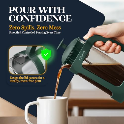 Image of ESPRO Light P3 French Press Coffee Maker - Patented Double Micro-Filter for Grit-Free Brew, Heat Resistant thicker Borosilicate Glass Coffee press - (Green - 32 oz)