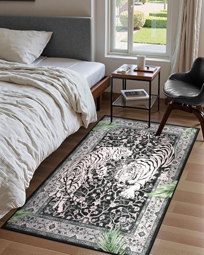Moynesa Tiger Washable Rugs, 3x5 Entry Area Rugs, Non Slip Vintage Soft Living Room Carpet, Boho Low Pile Stain Resistant Indoor Throw Mat for Kitchen Bedroom Entrance, Black