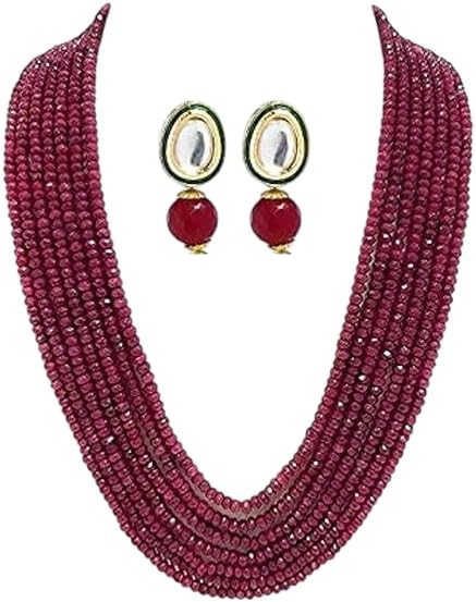 Ratanshala - Semi Precious Gemstone Ruby Red Necklace with Earring 7 Layer for Girls & Women Red Mala Fashion Jewellery