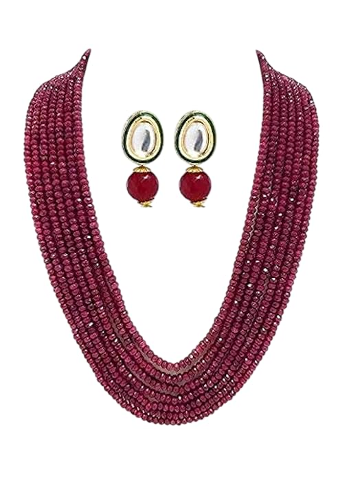 Ratanshala - Semi Precious Gemstone Ruby Red Necklace with Earring 7 Layer for Girls & Women Red Mala Fashion Jewellery-image-0