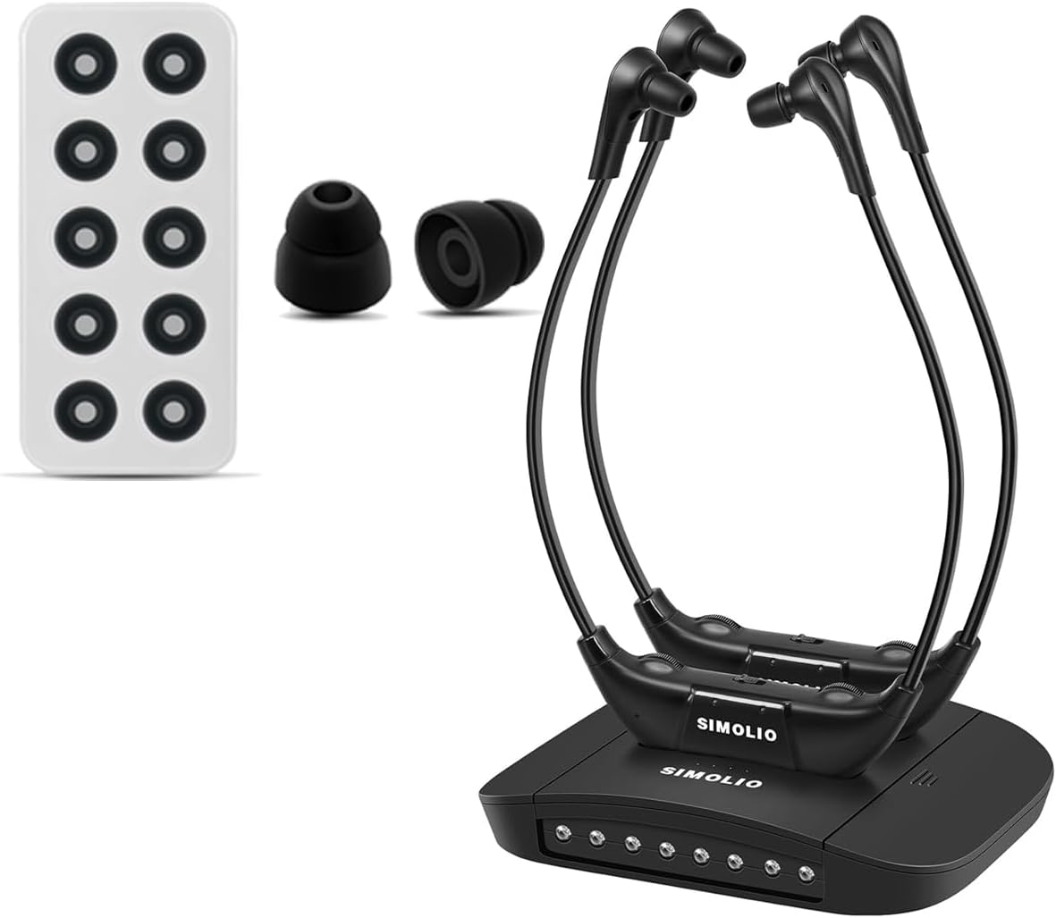 SIMOLIO Digital Dual Wireless TV Headphones with 3 Tone Presets & 5 Pairs Replacement Ear Tips-Two Headset System with Separate Volume/Balance Control for Optical/RCA/AUX TVs