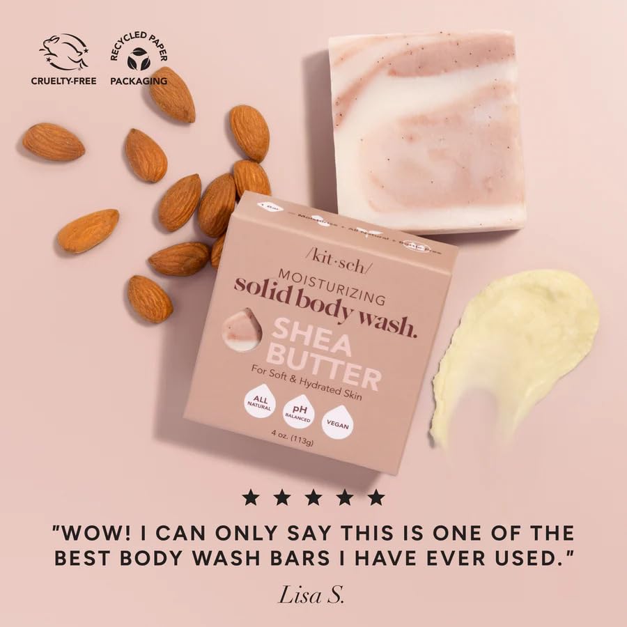 Kitsch Shea Butter Exfoliating Bar Soap for Women | Made in US | Hydrating & Moisturizing Shea Butter Solid Body Wash Bar | All Natural Body Soap | Zero Waste Bath Soap Bars | Paraben Free, 4 oz