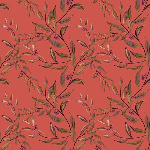 VEELIKE Papel Pintado Hojas Naranja Bermellón Vintage Papel Pintado Flores Bohemias 44,5 cm x 300 cm Murales Decorativos Pared Dormitorio Baño Armarios y Cajones Vinilos Adhesivo Muebles Extraíble