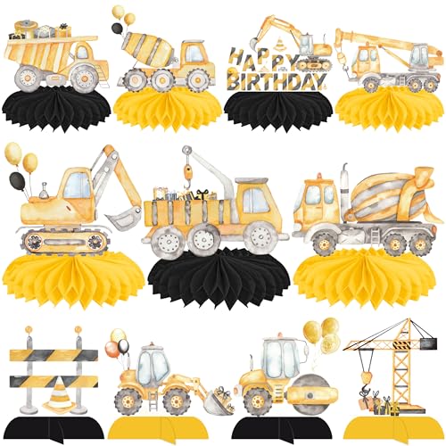 12pcs Construction Party Honeycomb Centerpieces Dump Truck Party Decorations Traffic Zone Theme Honeycomb Centerpieces for Construction Theme Birthday Party Baby Shower Supplies