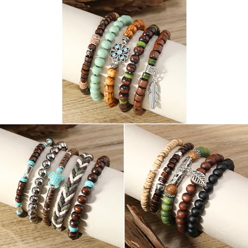 image for SONNYX 43Pcs Punk Wooden Beads Bracelets Gothic Bracelet for Men Adjus