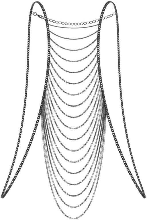 Multi-Layer Black Chain Body Necklace, Gothic Statement Jewelry, Draped Design Metal Chains, Fashion Body Chain Accessory