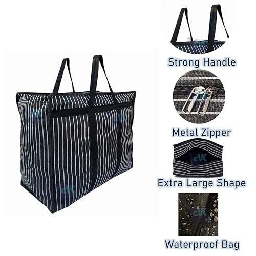 Image of Unisex-Adult Extra Large Big Heavy Duty Storage Organizer Reusable Canvas Shopper Bag With Handles With Covers Zip Jumbo Bag (Pack Of 1), Shopper Tote, Black