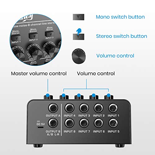 Moukey 8 Kanal DJ Mixer Mischpult, Musik Mixer tragbar, 8 Stereo Mini Audio Mixer DC 5V für kleine Clubs Bars Mikrofon… - Image 5