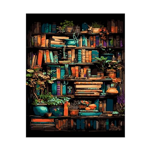 WakiHong Pintura por números para adultos, estantería para libros de 40 x 50 cm, estantería para libros de bricolaje, con pinceles y pintura acrílica, como regalo y decoración de pared, sin marco